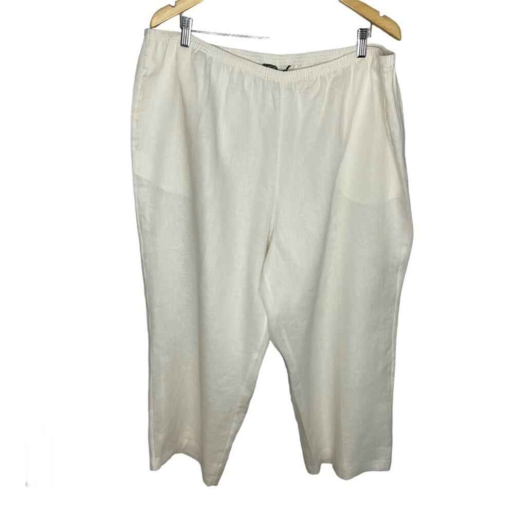 Go Silk Women's White Straight Leg Linen Cropped Waist Elastic Pants 1X Mature